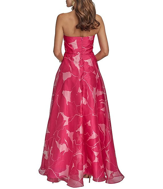 Donna Karan Strapless Floral Print Organza A-Line Gown