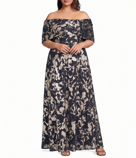 Betsy Adam Plus Off The Shoulder Foil Mesh Dress