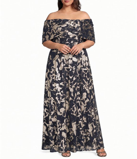 Betsy Adam Plus Off The Shoulder Foil Mesh Dress