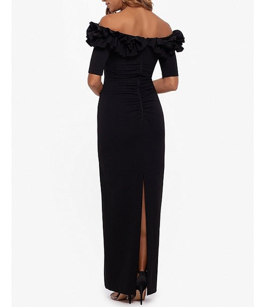 Xscape Ruffled Off-the-Shoulder Crepe Sheath