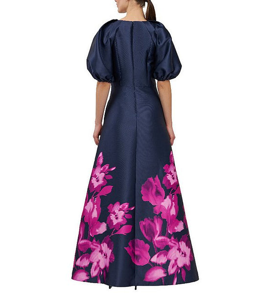Kay Unger Floral Puff Sleeve Gown