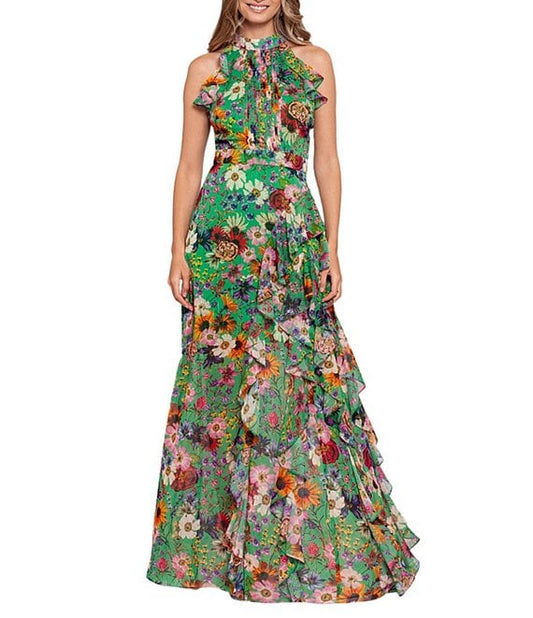 Betsy & Adam Halter Neck Ruffle Floral Chiffon Maxi