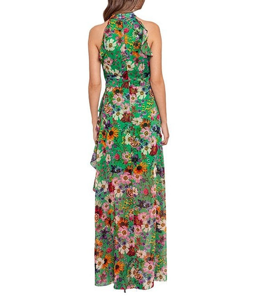 Betsy & Adam Halter Neck Ruffle Floral Chiffon Maxi