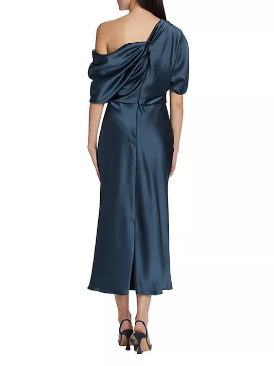 Amsale Draped Satin Pencil Midi Dress