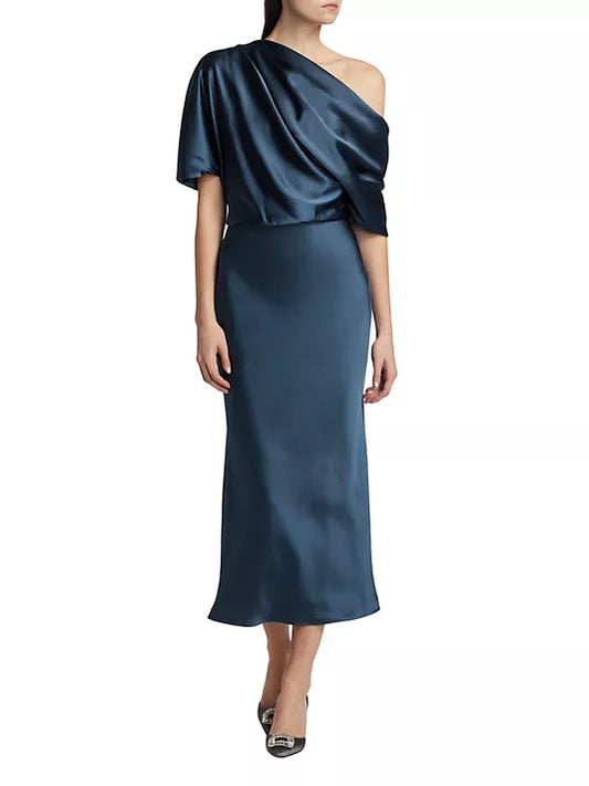 Amsale Draped Satin Pencil Midi Dress