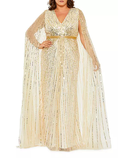 Mac Duggal Plus Size Sequined V-Neck Cape Sleeve Gown