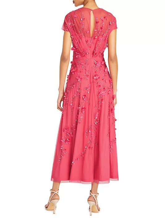 Theia Sequin Capped Sleeve Midi Dress