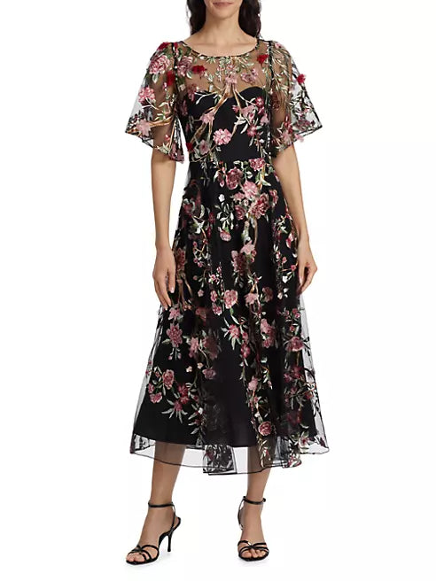 Marchesa Notte Floral Embroidered Tulle Dress