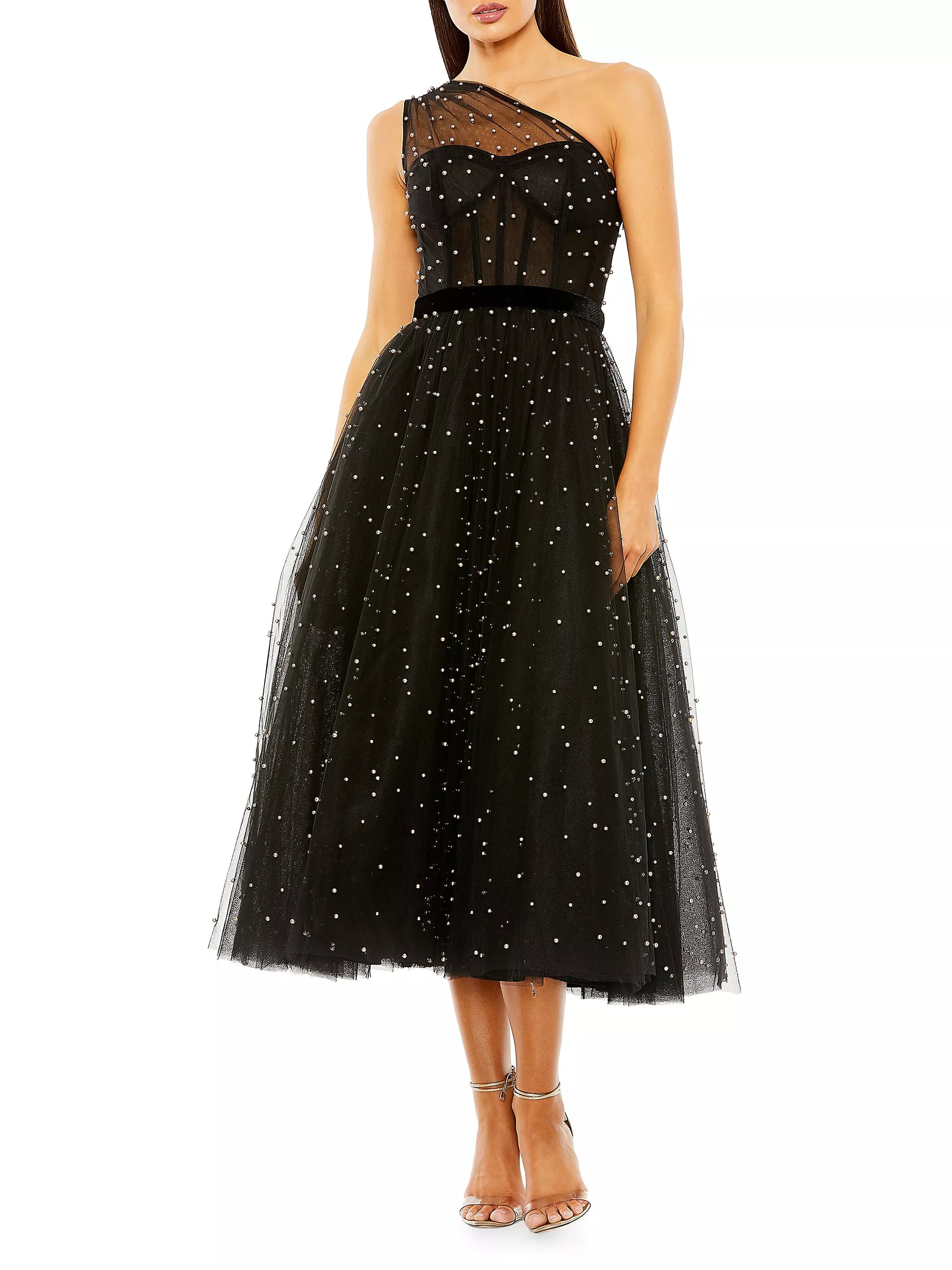 Mac Duggal One Shoulder Pearl Beaded Midi Ballgown MOTHER OF Mac Duggal One Shoulder Pearl Beaded Midi Ballgown MOTHER OF