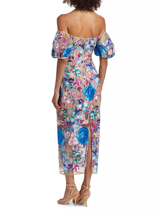 Milly Floral Embroidered Off Shoulder Midi Dress