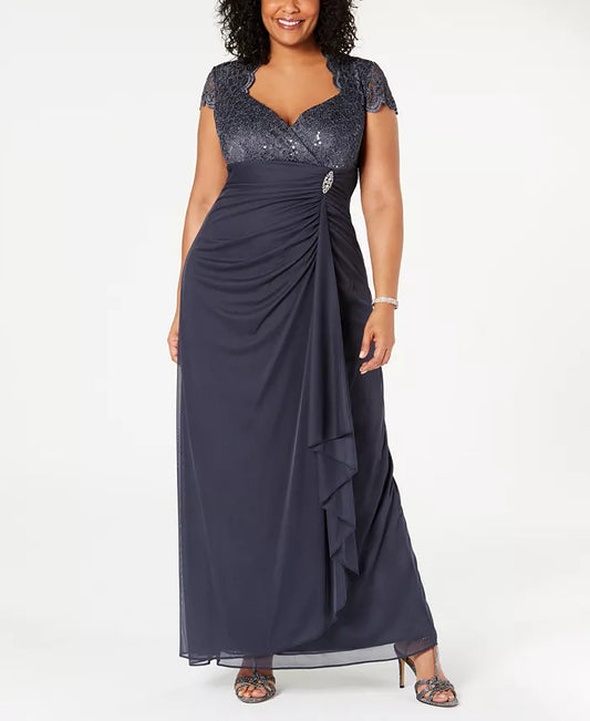 B&A by Betsy & Adam Plus Size Sequin and Lace Gown