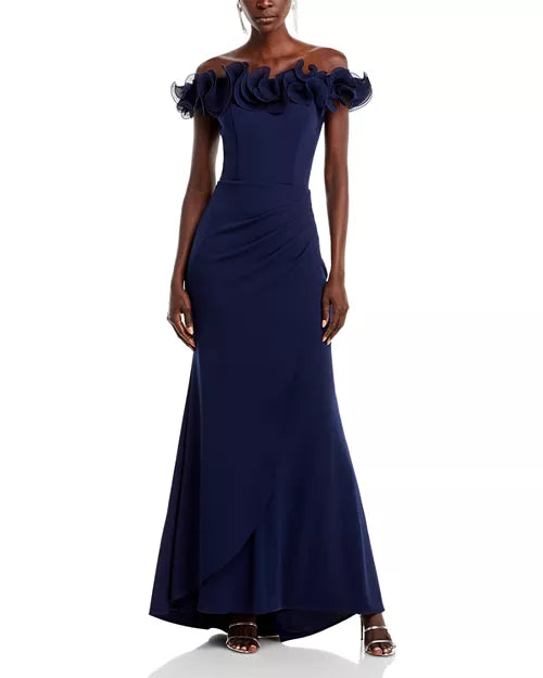 Aqua Ruffled Neck Evening Gown