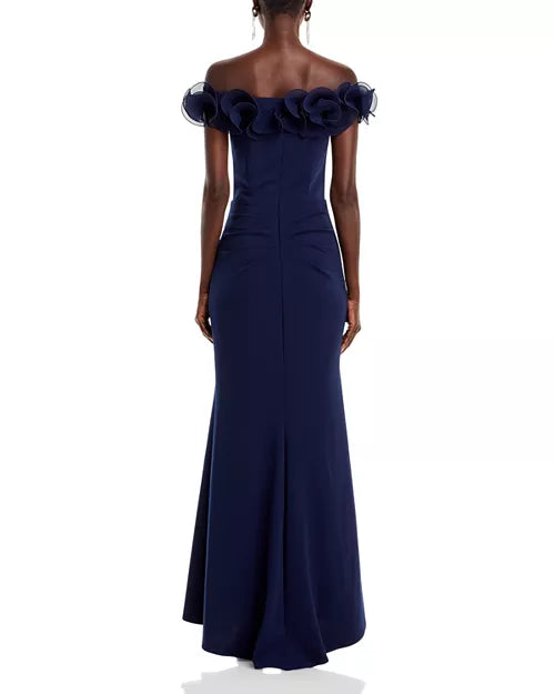 Aqua Ruffled Neck Evening Gown