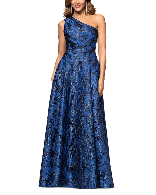 Aqua Long Brocade One Shoulder Ball Gown