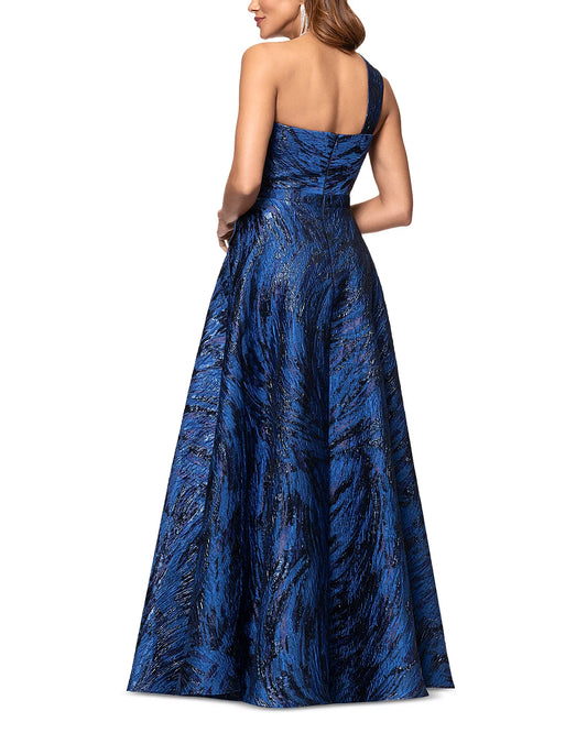 Aqua Long Brocade One Shoulder Ball Gown