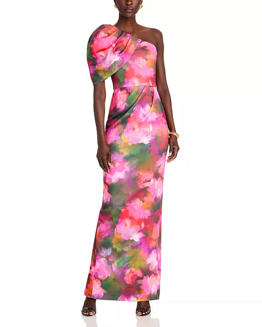 Black Halo Asymmetrical Neckline Floral Gown