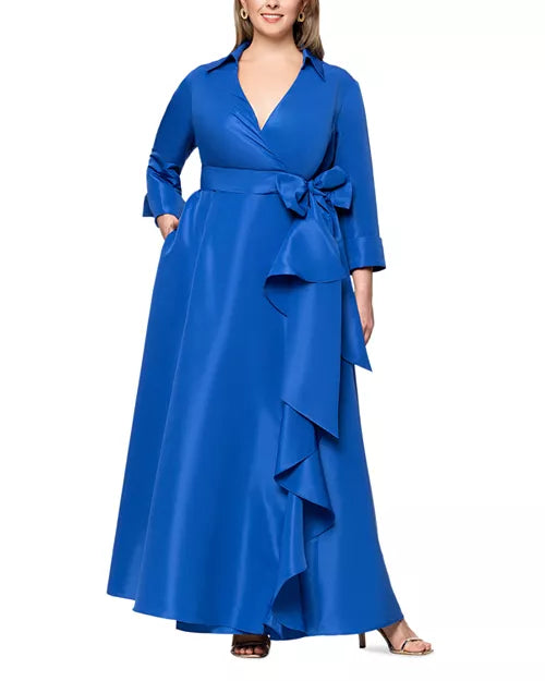 Betsy & Adam Plus Ruffle Front Belted Ball Gown
