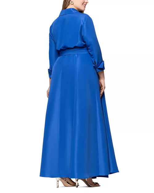Betsy & Adam Plus Ruffle Front Belted Ball Gown