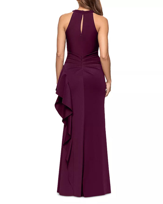 Aqua Scuba Ruffle Halter Gown