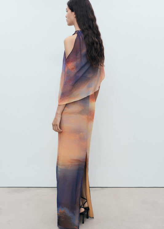 Mango Printed Dress with Asymmetrical Cape