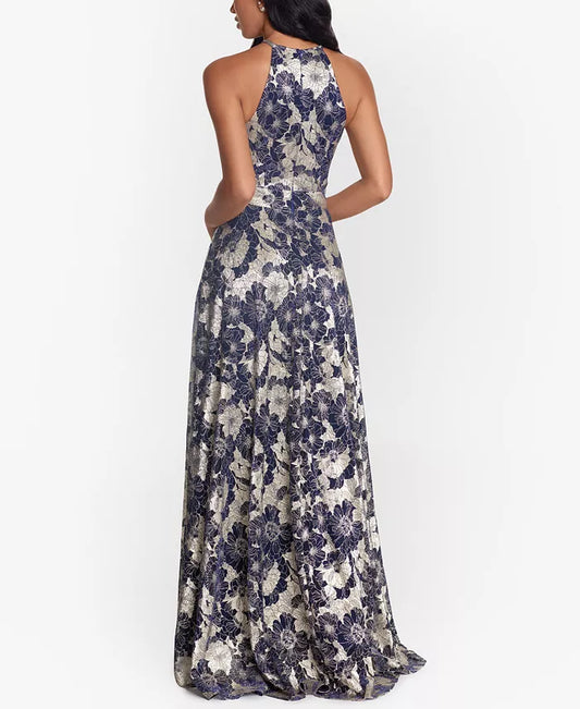 Betsy & Adam Metallic Floral Halter Top Gown