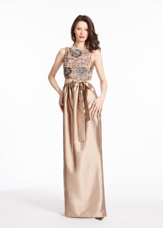 Emily Shalant Sequined Lace Gown with Taffeta Skirt