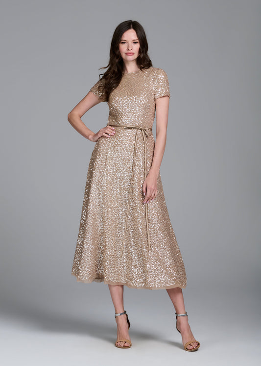 Emily Shalant Short Sleeve Midi Sequin Dress