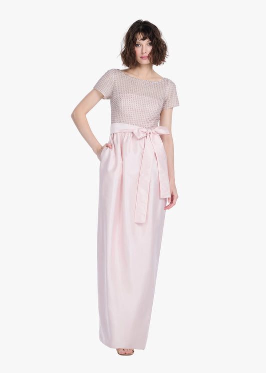 Emily Shalant Short Sleeve Beaded Taffeta Gown