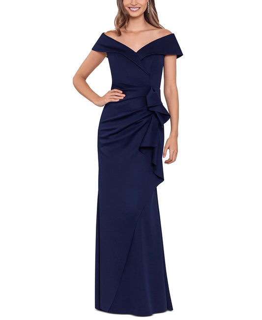 Xscape Stretch Off Shoulder Gown With Ruffle