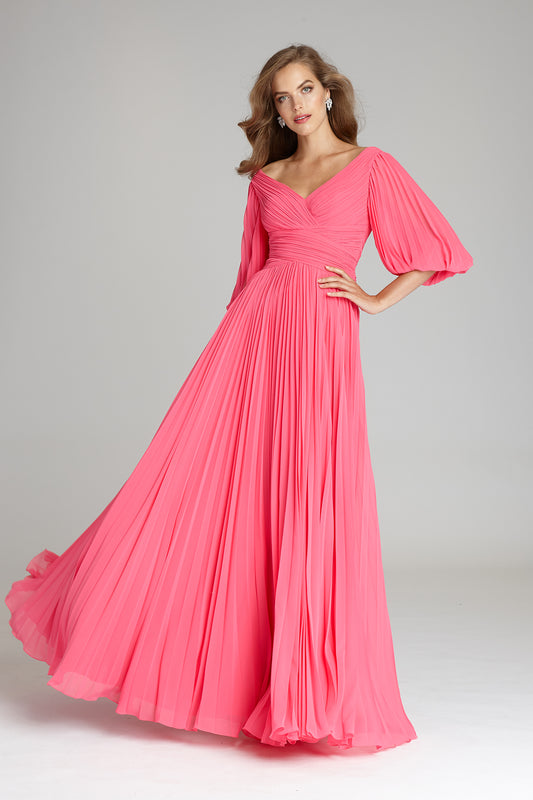 Teri Jon Chiffon Puff Sleeve Pleated Gown