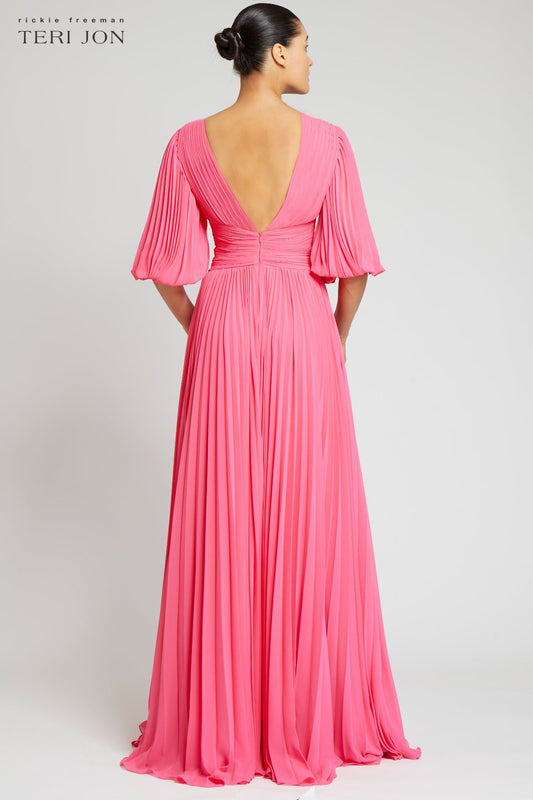 Teri Jon Chiffon Puff Sleeve Pleated Gown