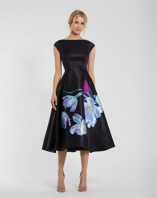 Mac Duggal Sat Cap Sleeve Midi Floral Print Dress