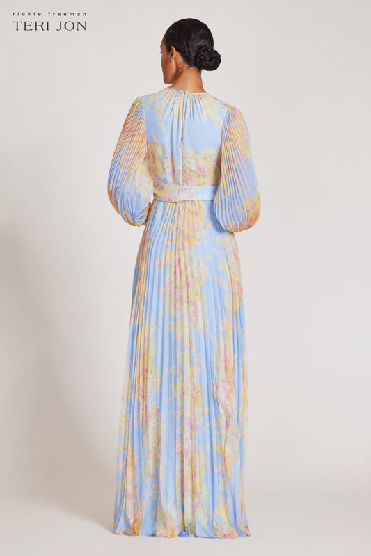 Teri Jon Floral Pleated Sleeve Chiffon Gown