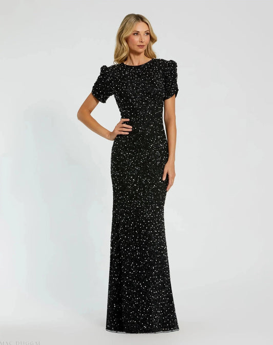 Mac Duggal Short Sleeve Beaded Gown
