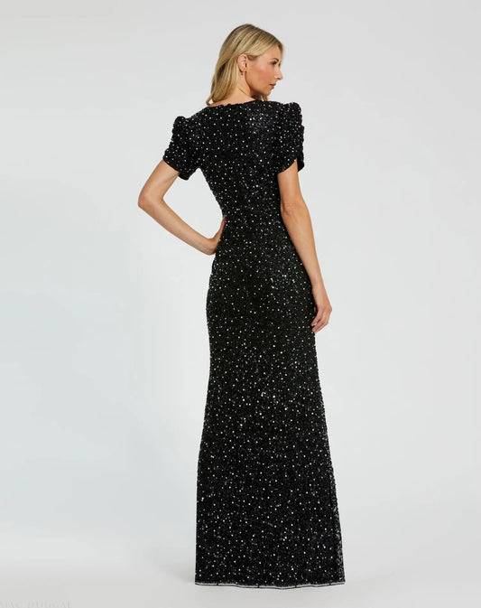 Mac Duggal Short Sleeve Beaded Gown