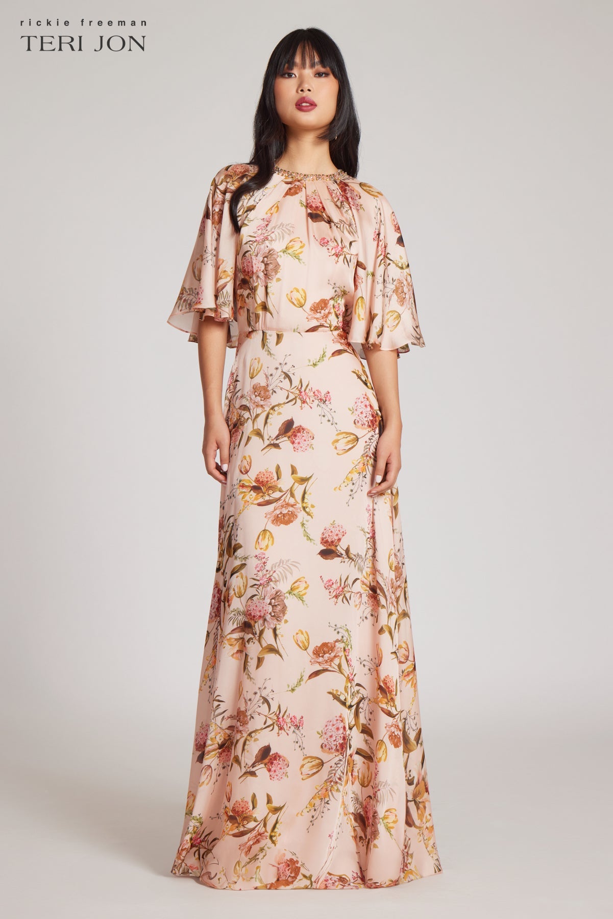 Teri Jon Floral Beaded Flutter Collar Gown