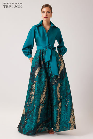 Teri Jon Taffeta and Metallic Jacquard Shirt Waist Gown