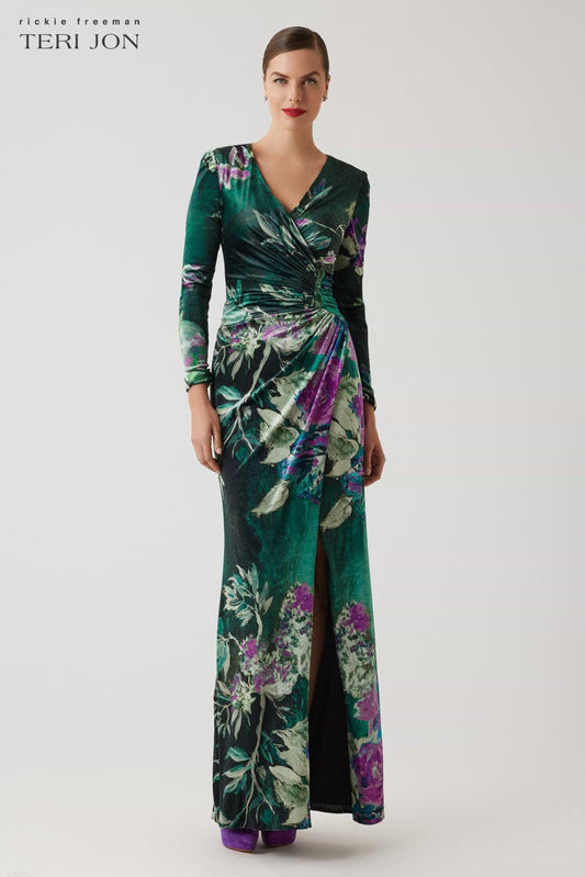 Teri Jon Floral Velvet Jewel Applique Gown