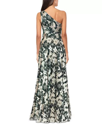 Betsy & Adam Floral One Shoulder Foil Gown