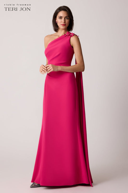Teri Jon Stretch Crepe One Flower Shoulder Gown