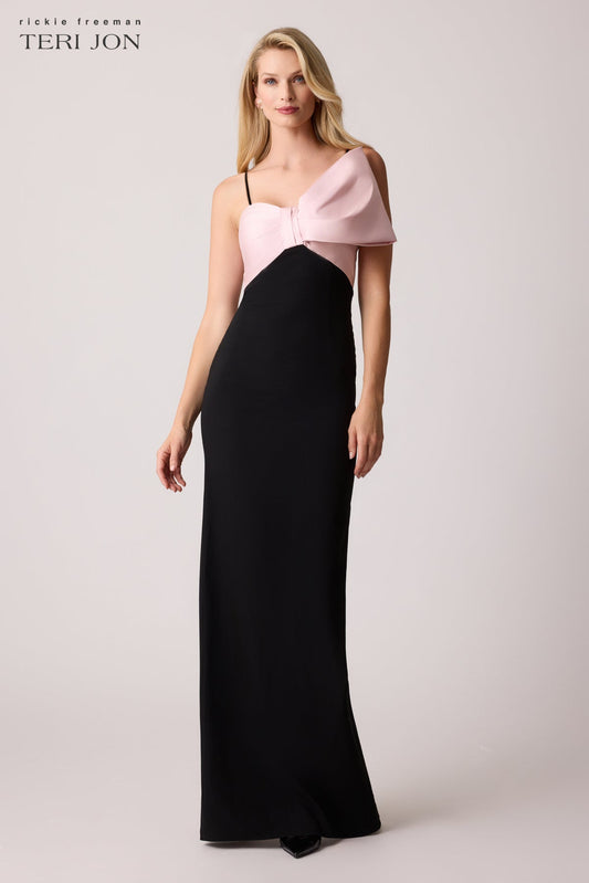 Teri Jon Crepe Mikado Bow Bodice Gown
