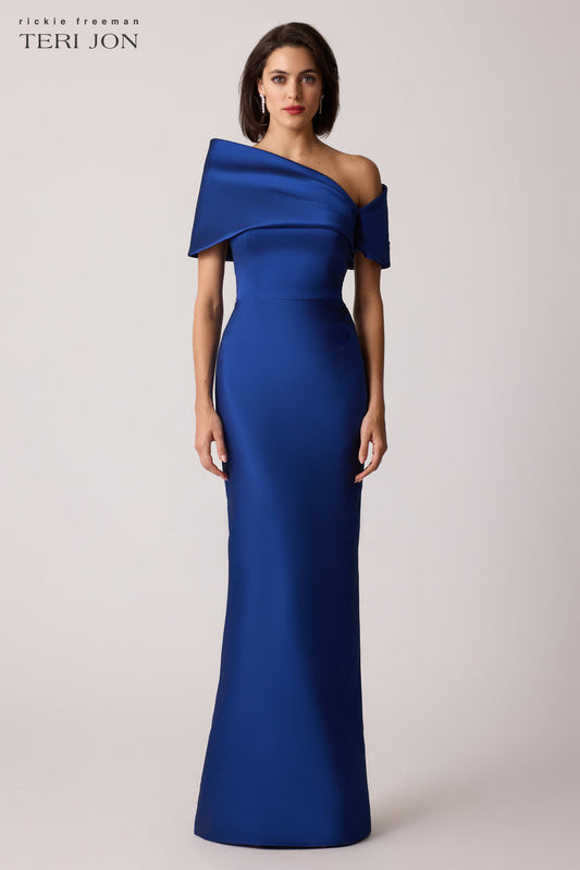 Teri Jon Stretch Mikado Asymmetrical Off Shoulder Cuff Gown