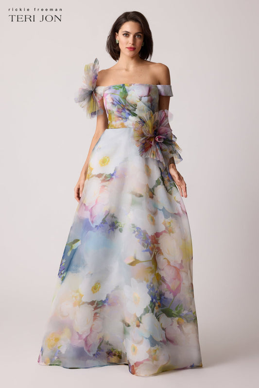 Teri Jon Organza Watercolor Off Shoulder 3D Flower Gown