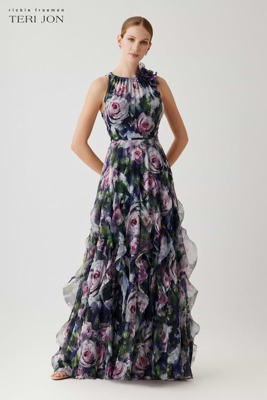Teri Jon Chiffon Halter Ruffle Skirt Gown