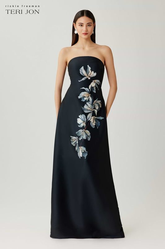 Teri Jon Strapless Beaded Floral Gown