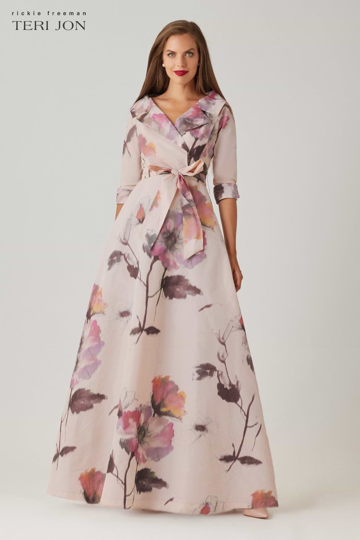 Teri Jon Taffeta Floral Print Shirt Gown