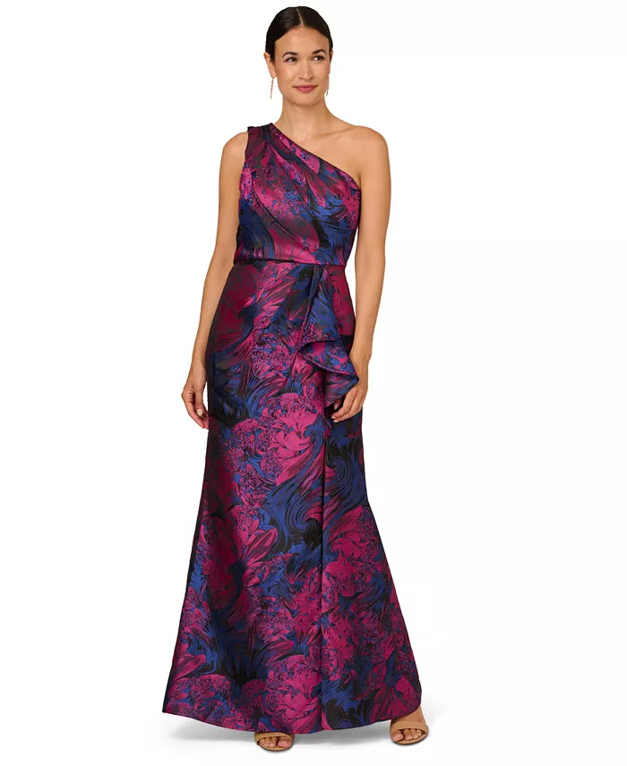 Adrianna Papell Jacquard Printed One Shoulder Gown