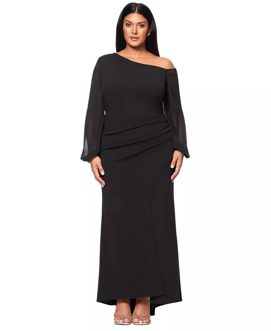 Betsy & Adam Plus Size Asymmetric Long-Sleeve Gown