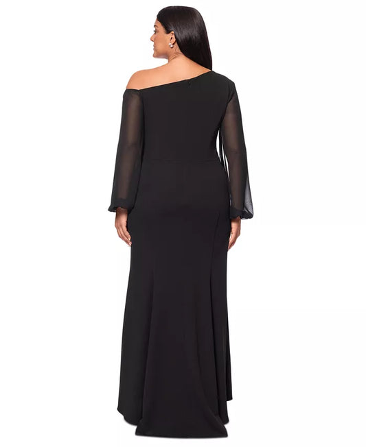 Betsy & Adam Plus Size Asymmetric Long-Sleeve Gown