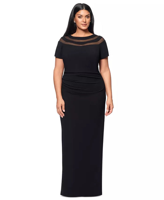 Xscape Plus Size Illusion Boat-Neck Short-Sleeve Gown